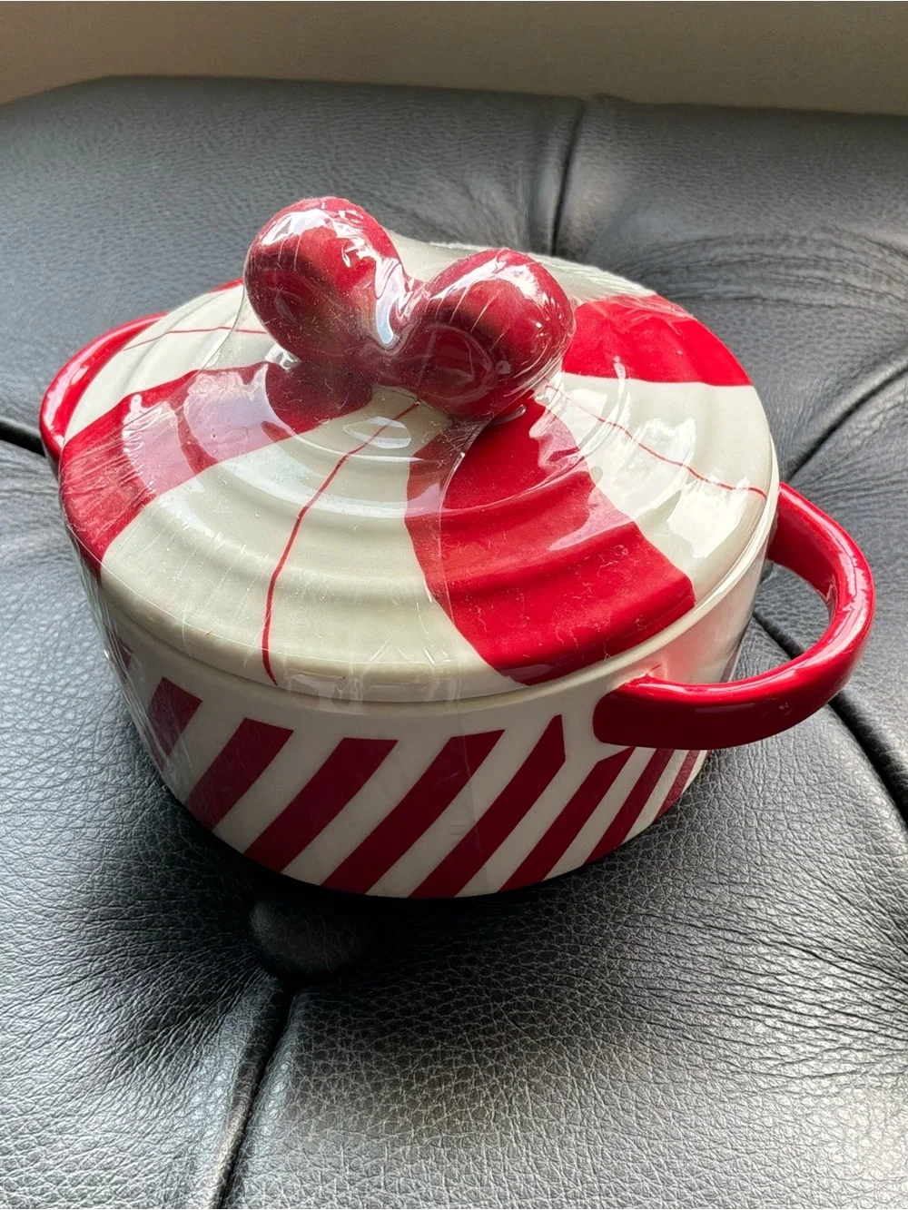 Red and White Ceramic Covered Mini Casserole with Dual Handles